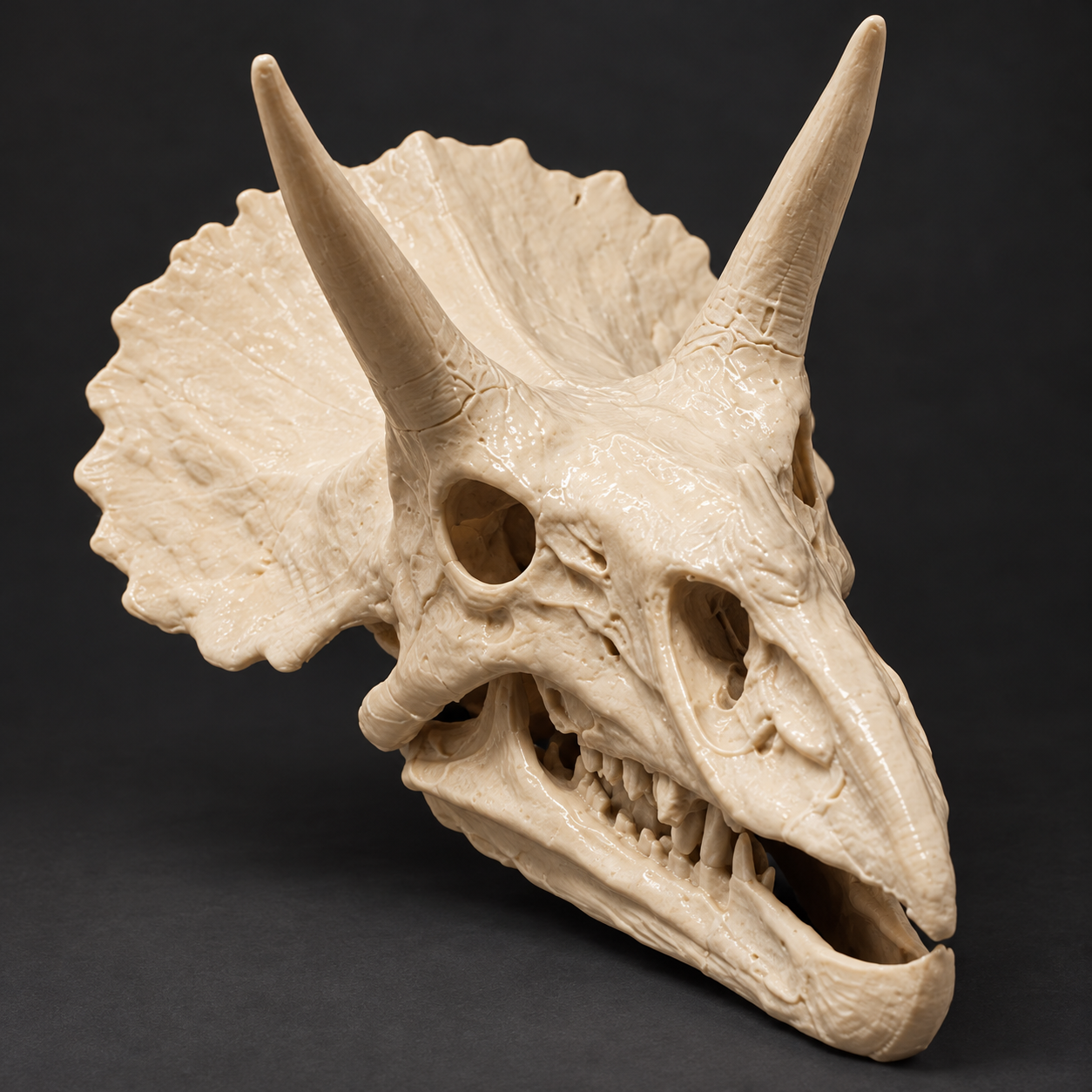 Horned dinosaur skull, detail view