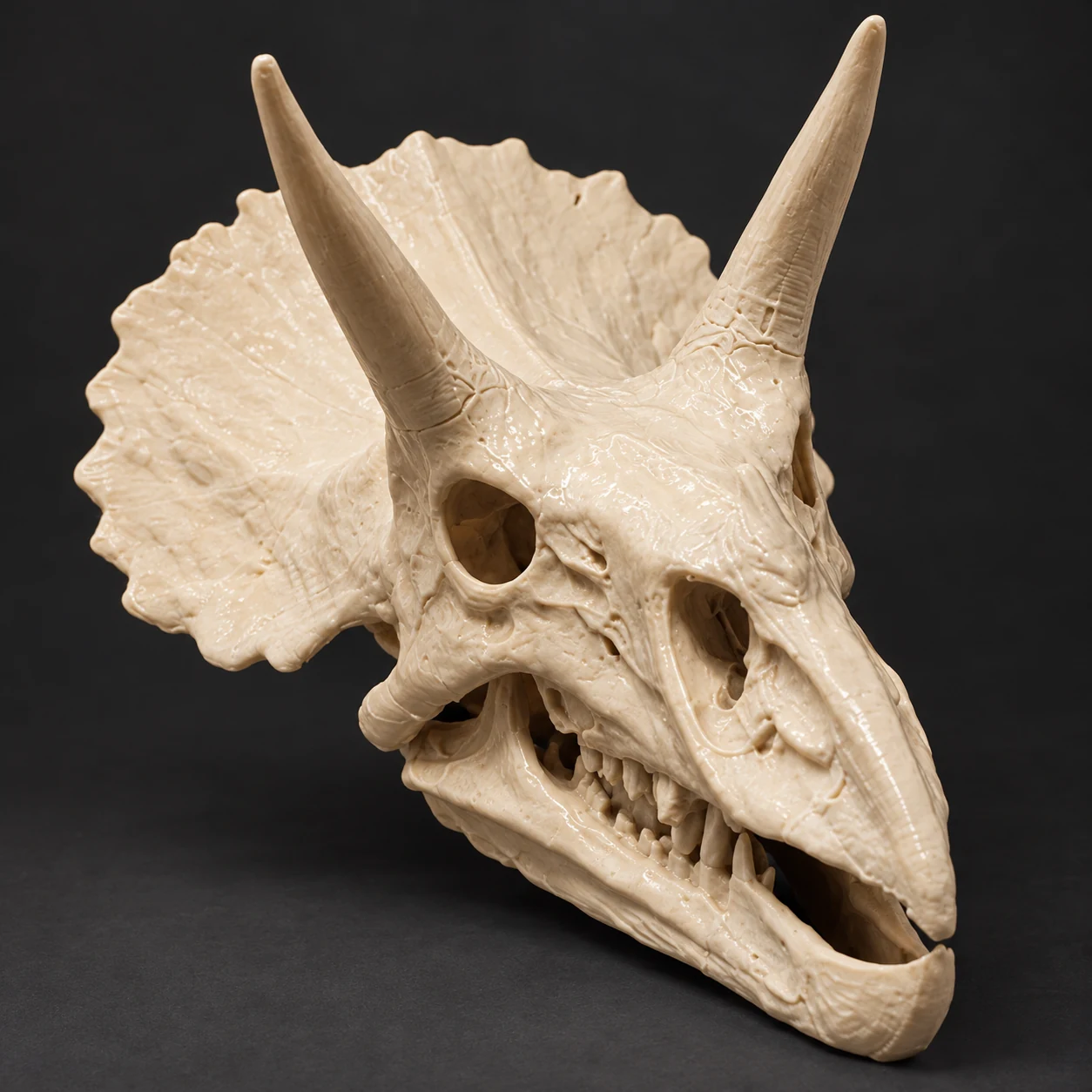 Horned dinosaur skull, detail view