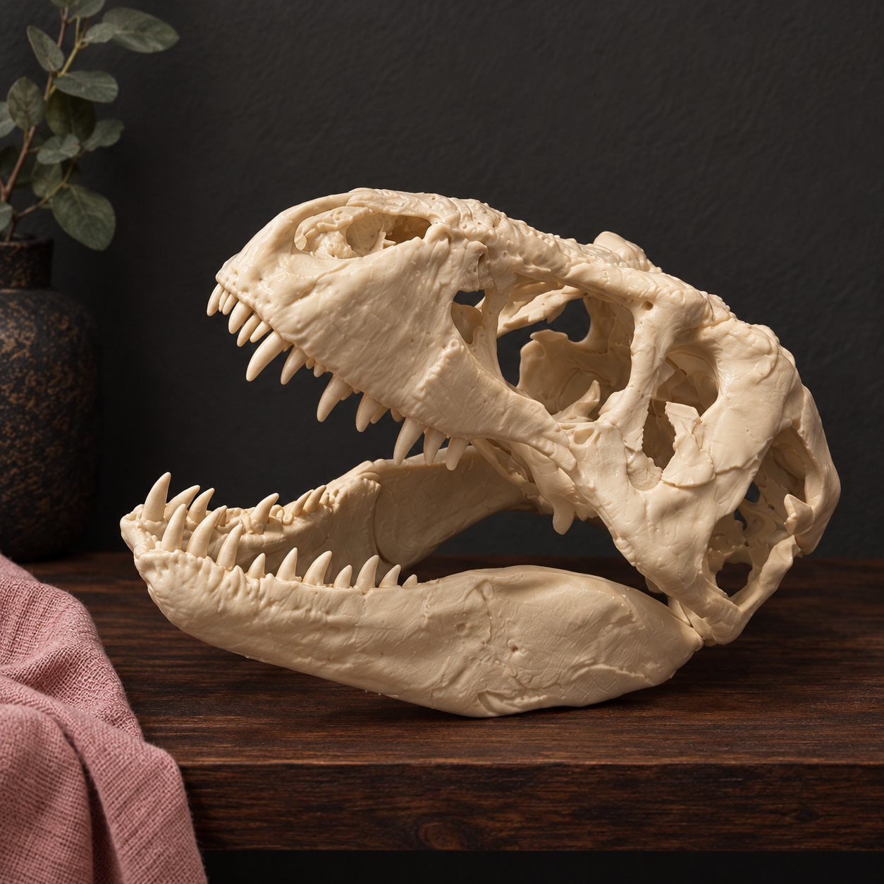 Open-jawed dinosaur skull, styled view