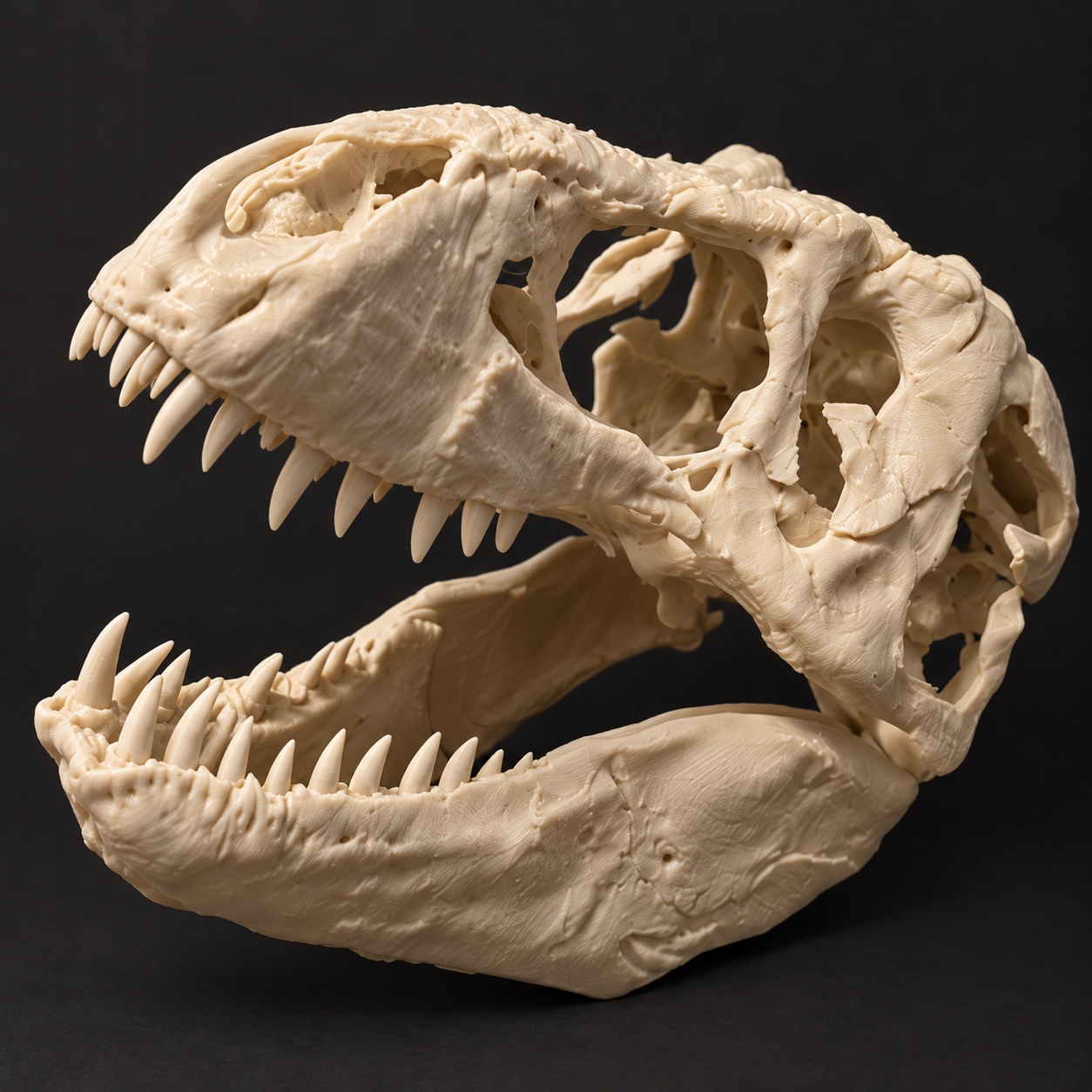 Open-jawed dinosaur skull, detail view